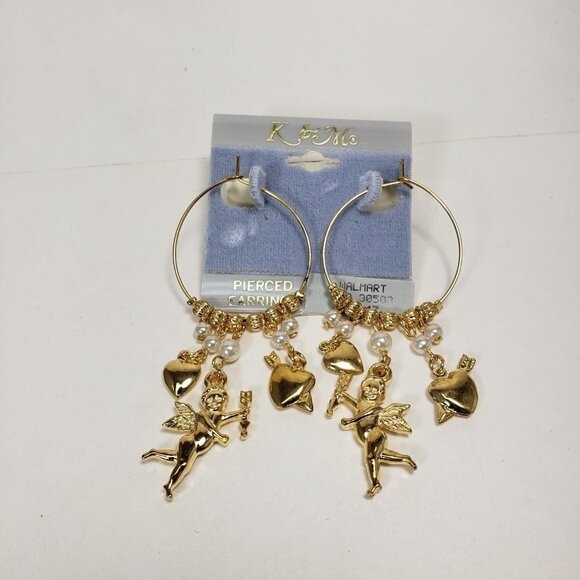 Women's Polished Gold tone Beaded Hoop Design Drop Earrings - Dangling Charms #3 - Picture 5 of 6